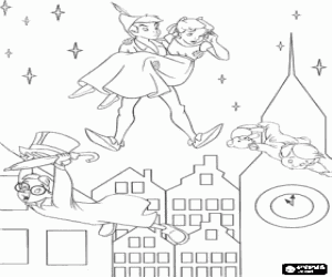 Colorear Peter Pan, Wendy, Michael y John volando por el cielo de Londres