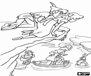 Colorear Peter Pan y Wendy observando como los piratas dejan a la prisionera sobre una peque�a roca en medio del agua