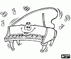 Colorear Piano de cola haciendo m�sica con la tapa levantada, con una cara feliz