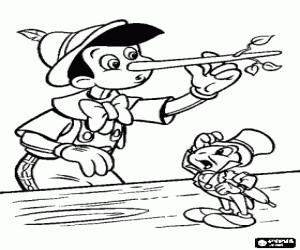 Colorear Pinocho con una larga nariz debido a sus muchas mentiras junto con su amigo y consejero Pepito Grillo