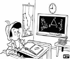 Colorear Pinocho en el pupitre y estudiando en la escuela