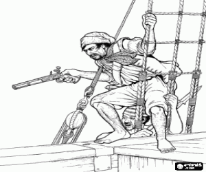 Colorear Piratas con las armas y preparados para el ataque y abordaje de un barco 