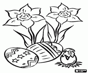 Colorear Pollito saliendo del huevo al lado de unas flores y unos huevos de Pascua