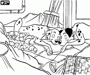 Colorear Pongo y Perdita durmiendo tranquilamente junto a sus cachorros d�lmata reci�n nacidos