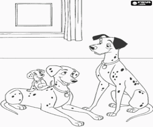 Colorear Pongo y Perdita en casa con uno de sus cachorros
