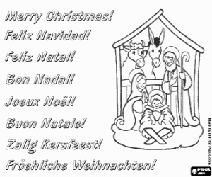 Colorear Postal de Navidad con el Nacimiento de Jes�s en el pesebre