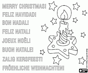 Colorear Postal de Navidad con una vela encendida entre las estrellas