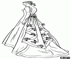 Colorear Precioso vestido de novia con una larga cola decorada con rosas para una boda en verano 