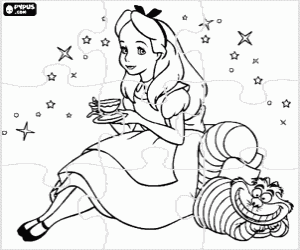 Colorear Puzzle de Alicia con una tacita de t� y con el gato m�gico a su lado - Rompecabezas de Alicia en el pa�s de las maravillas