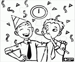 Colorear Puzzle de Amigos a las 12 en punto de la noche celebrando la fiesta de a�o nuevo