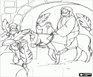Colorear Puzzle de Biblia - Nuevo Testamento - Domingo de Ramos - La entrada de Jes�s a Jerusal�n donde es recibido por el pueblo con palmas y ramos