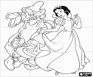 Colorear Puzzle de Blancanieves feliz bailando con dos de los enanitos, Feliz y Mudito