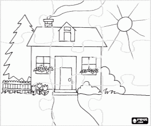 Colorear Puzzle de Casita en primavera con flores en las ventanas