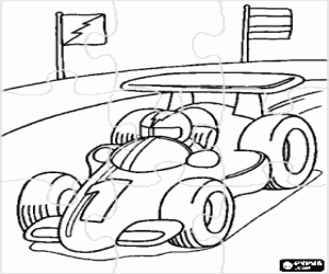 Colorear Puzzle de Coche de carreras con piloto en un circuito