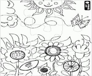 Colorear Puzzle de flores en el campo con una mariposa volando y el sol en lo alto