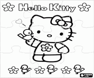 Colorear Puzzle de Hello Kitty con pajaritos y flores