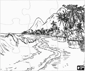 Colorear Puzzle de imagen  de costa tropical con caba�as, palmeras y fuertes olas