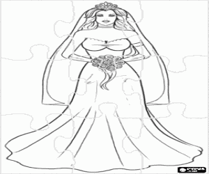 Colorear Puzzle de La novia el d�a de la boda con el vestido largo, el velo con la diadema y el ramo de flores
