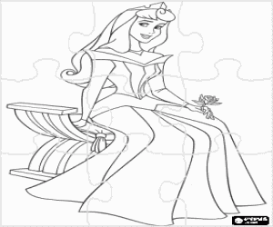 Colorear Puzzle de la Princesa Aurora completamente feliz con su diadema y una rosa en la mano