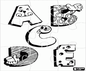 Colorear Puzzle de Letras A, B, C, D y E con dibujos divertidos