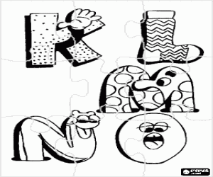 Colorear Puzzle de Letras K, L, M, N y O con dibujos divertidos
