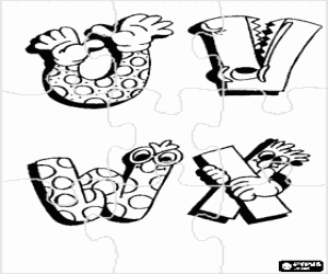 Colorear Puzzle de letras U, V, W y X con dibujos divertidos
