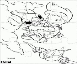 Colorear Puzzle de Lilo & Stitch - Rompecabezas de Lilo volando en los brazos de Stitch