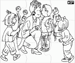 Colorear Puzzle de mam� o madre recibiendo flores y besos de sus hijos