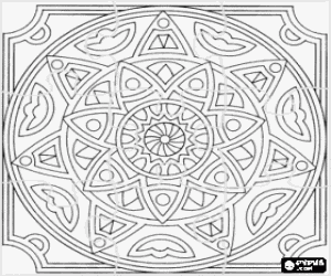 Colorear Puzzle de mandala con c�rculos en forma de estrella o flor dentro de un cuadrado