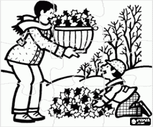 Colorear Puzzle de padre e hijo recogiendo las hojas ca�das de los �rboles durante el oto�o
