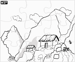 Colorear Puzzle de Paisaje de alta monta�a con los picos nevados y algunos refugios 