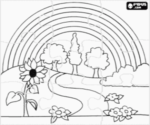 Colorear Puzzle de paisaje en primavera con flores, �rboles y el arcoiris