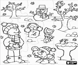 Colorear Puzzle de Paisaje invernal con ni�o, perro y mu�eco de nieve, todos bien abrigados