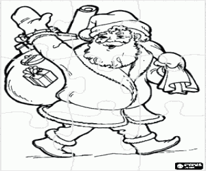 Colorear Puzzle de Pap� Noel o Santa Claus cargando con un saco lleno de regalos - Rompecabezas de Navidad