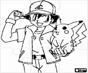 Colorear Puzzle de Pokemon - Ash, entrenador de pok�mon, con su primer Pok�mon Pikachu