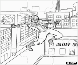 Colorear Puzzle de Spiderman saltando entre los edificios de la ciudad balance�ndose con su tela de ara�a