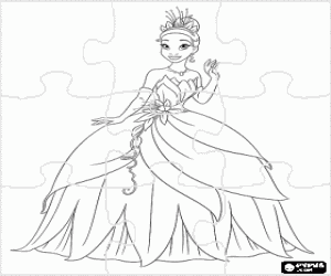 Colorear Puzzle de Tiana, una preciosa muchacha con un hermoso vestido
