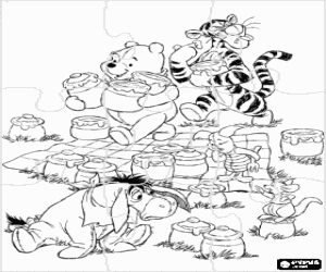 Colorear Puzzle de Winnie the Pooh y sus amigos en un picnic en el campo, toda la comida son tarros de miel