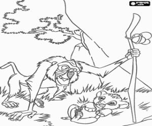 Colorear Rafiki, el mandril consejero de Simba, observando al peque�o cachorro de le�n