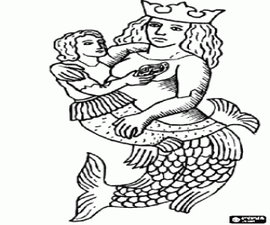 Colorear Reina de las Sirenas con una corona llevando en brazos una peque�a sirena