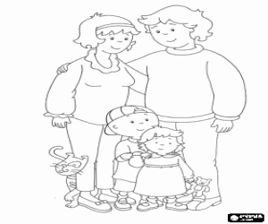 Colorear Retrato de la familia de Caillou, su hermana peque�a Rosie, su padre Boris, su madre Doris y el gato Gilbert