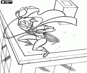 Colorear Robin lanzando una cuerda, el joven superh�roe y compa�ero de Batman 