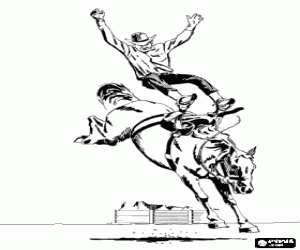 Colorear Rodeo - Jinete en la prueba del caballo con montura, montando un caballo salvaje