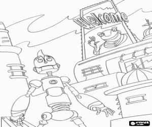 Colorear Rodney Hojalata alucinando en su llegada a una gran ciudad como Ciudad Robot