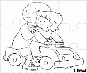 Colorear Rompecabezas de Caillou montado en un peque�o coche de juguete correpasillos junto con su hermanita Rosie