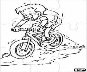 Colorear Rompecabezas de Ciclista de BTT o mountain bike bajando una ladera 