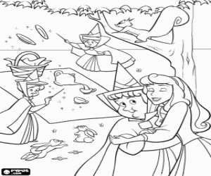 Colorear Rosa ha crecido y vive muy feliz en el bosque con sus tres hadas madrinas sin saber que en realidad es la princesa Aurora