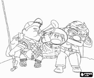 Colorear Russell tocando la trompeta al lado de Carl y Dug en una de sus aventuras