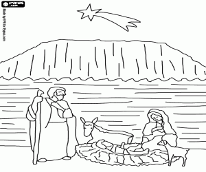 Colorear San Jos� y Maria con su hijo Jes�s en el establo con la mula y una oveja bajo la luz de la estrella de Bel�n