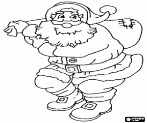 Colorear Santa Claus cargado con la bolsa de los juguetes caminando sigilosamente
